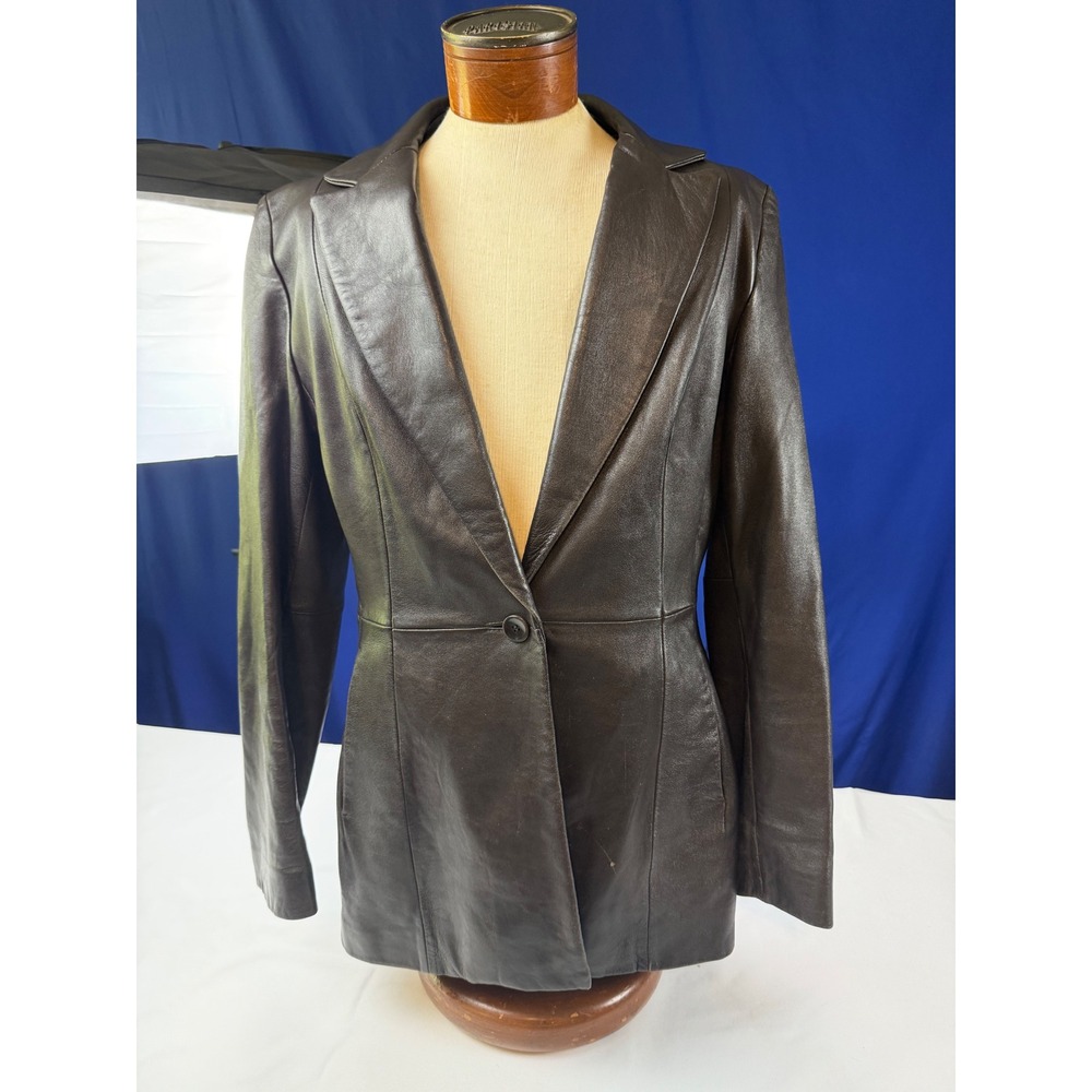 Cache Vintage Dark Brown Leather Blazer Single Button Jacket Womens Size 10